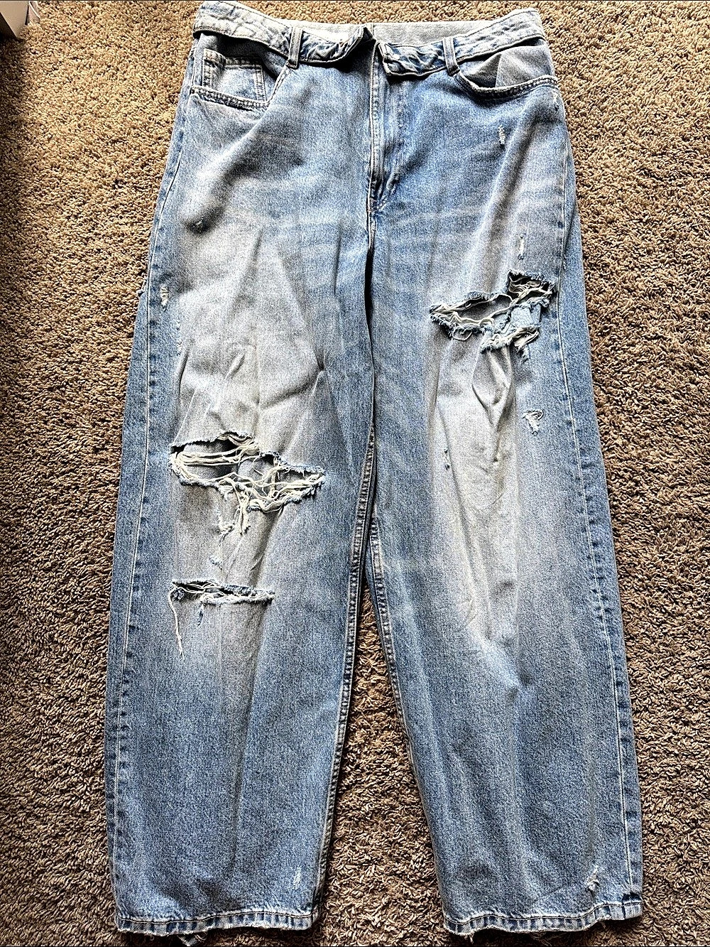 Zara TRF Mid-Rise Folded Waist Ripped Jeans Blue